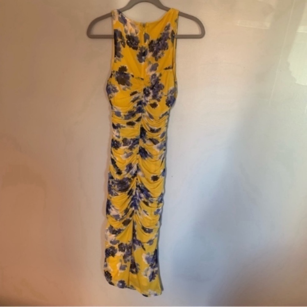Black Halo Dress Rosalia Sheath Ruched in Gold Blue Floral - Picture 4 of 9
